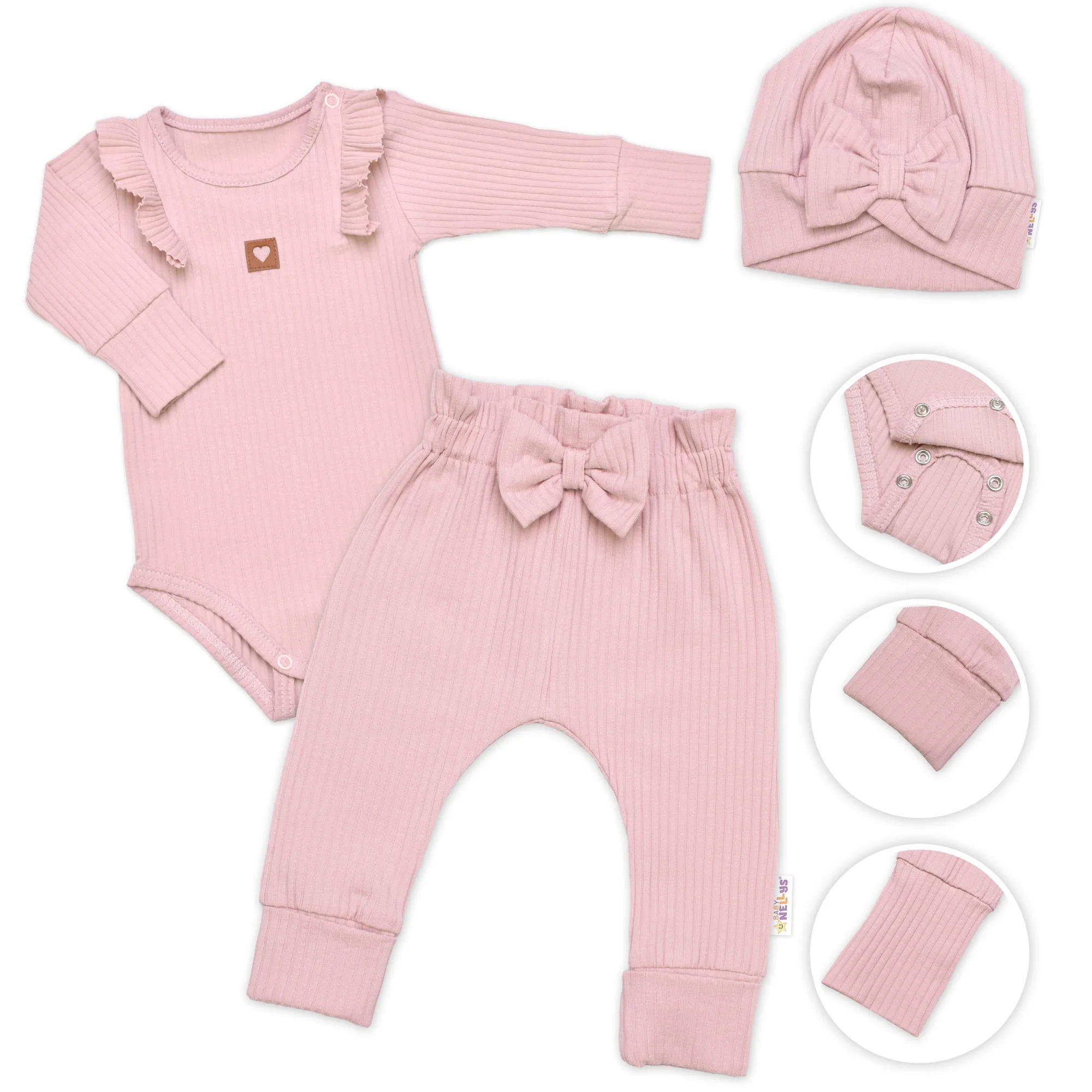 Baby Nellys Žebrovaná rostoucí souprava 3D, Baby Girl - pudrově růžová