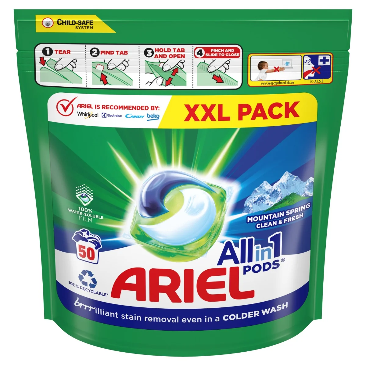 Ariel Mountain Spring Prací kapsle 50 ks