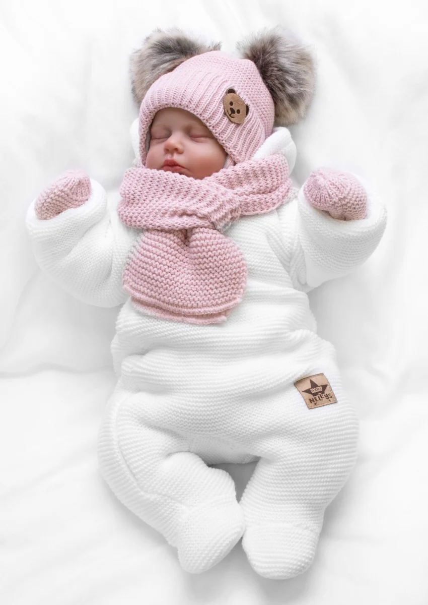 Baby Nellys Dětská sada, zimní čepice s šálou + rukavičky 3D, Teddy Bear - pudrově růžová