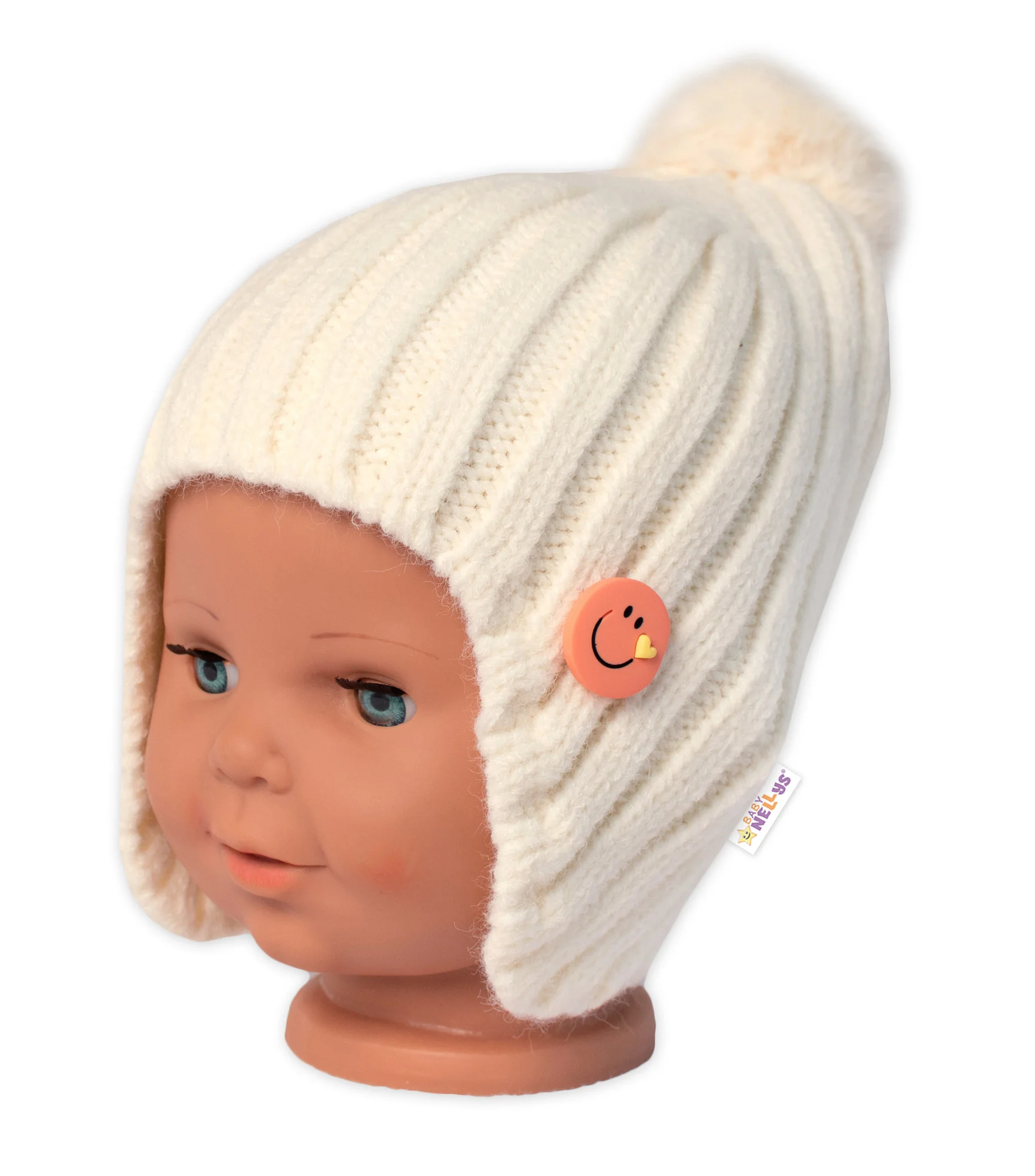 Baby Nellys Zimní čepice s bambulí Smile, smetanová,48-54 cm