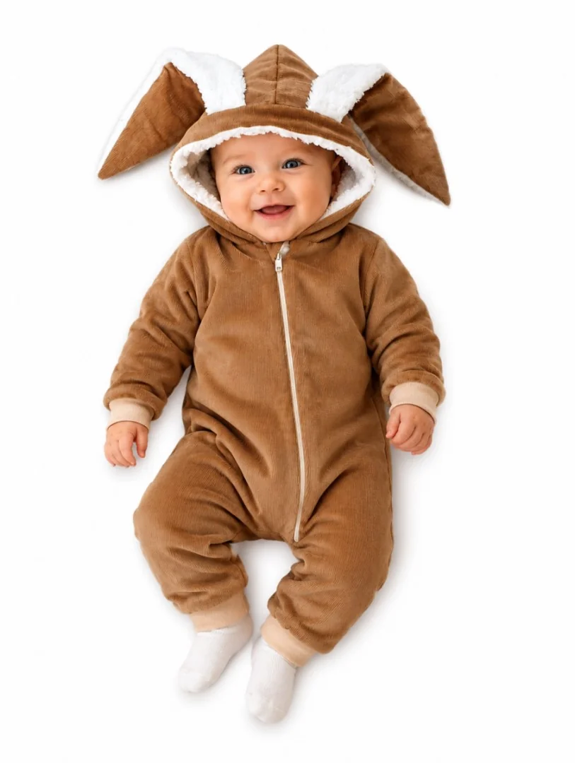 Baby Nellys Manšestrová kombinézka/overálek s kožíškem Cute Bunny - hnědá vel. 68/74