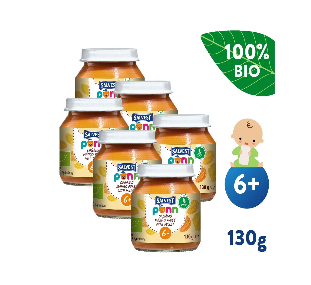 SALVEST Põnn BIO Mangovo-banánové pyré s jáhly 6x130 g