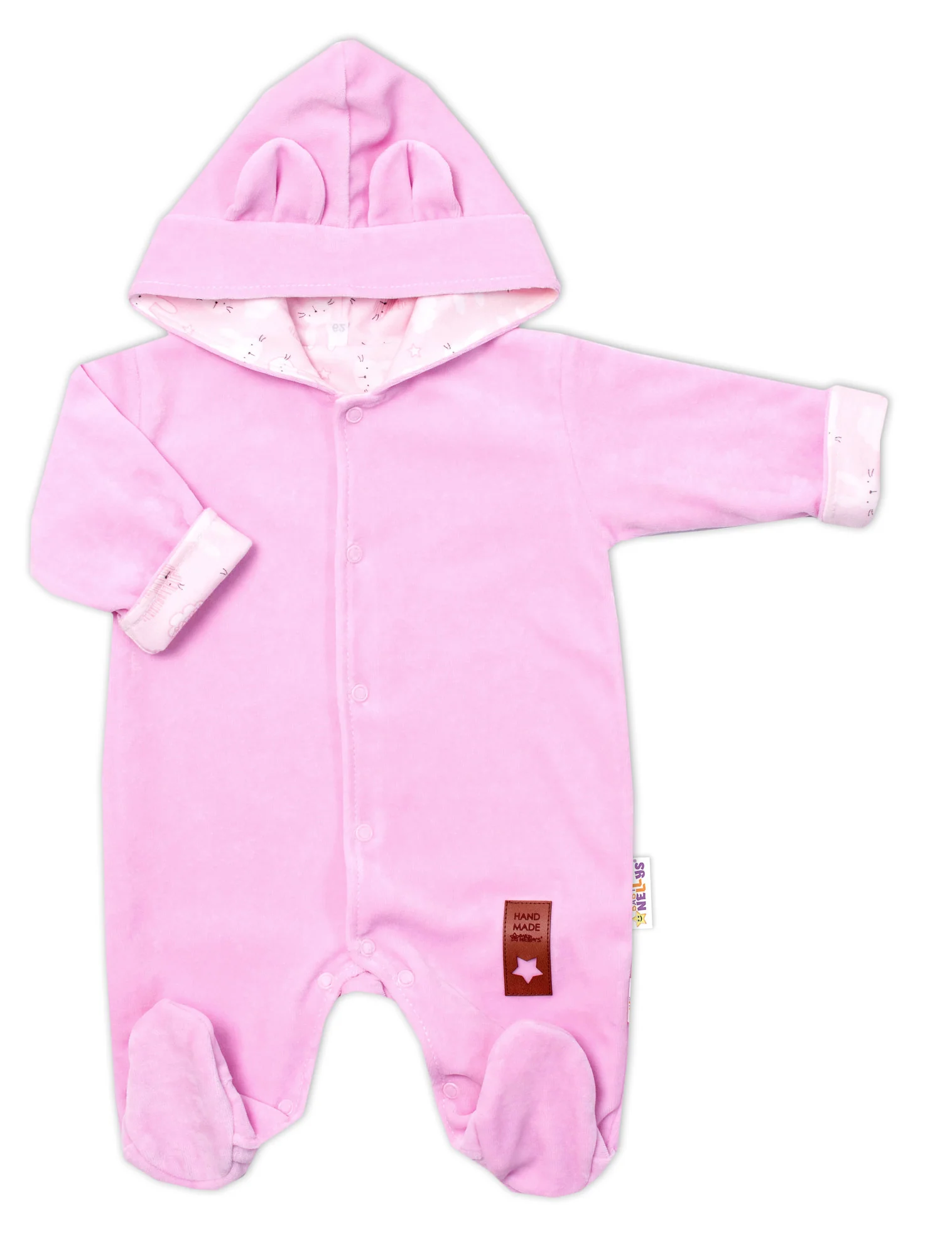 Baby Nellys Semiškový, velurový overal s kapucí Baby Nellys New Bunny, růžový, vel. 86