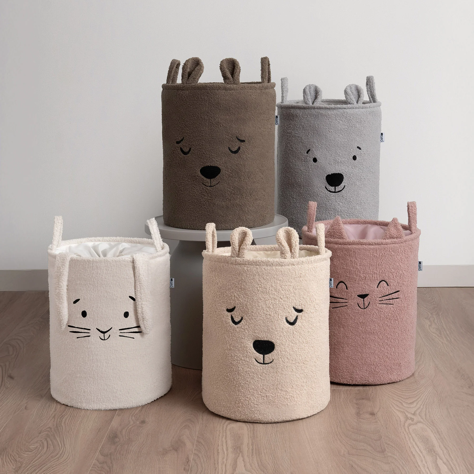 SIPO Koš na hračky Premium Bouclé se šňůrkou / 43 l, Bear (Grey)
