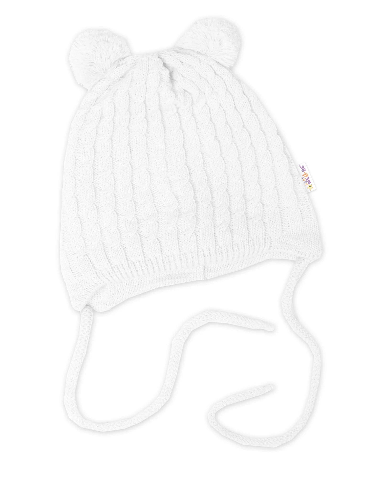 Baby Nellys Zimní čepice na zavazování s bambulky + šál, bílá vel. 74/80