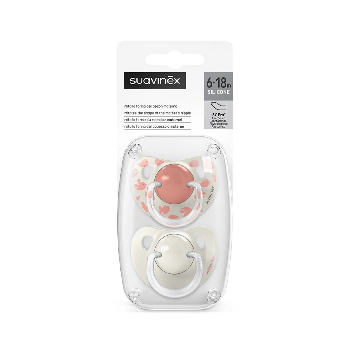 Suavinex Dudlík anatomický silikonový BIRDIES 6-18m 2 ks růžový
