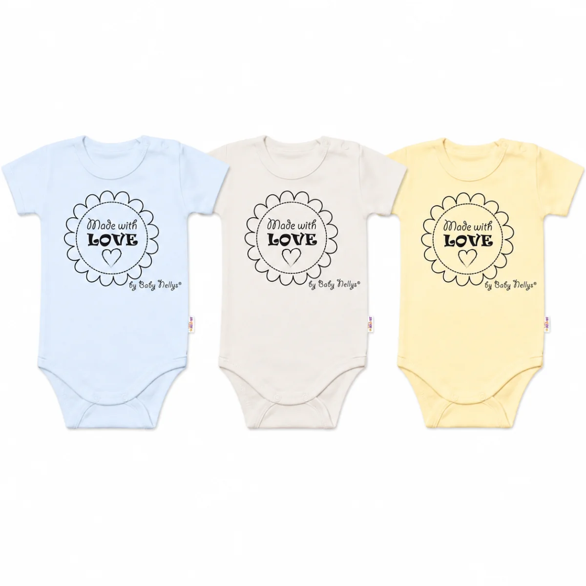 Baby Nellys Komplet 3x body Made with love BOY, vel. 80, modré, žluté, béžové