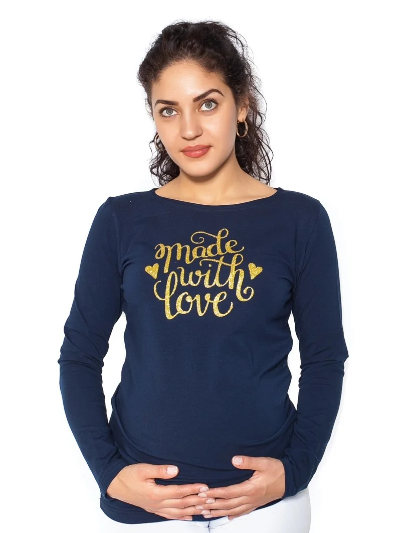 bemaamaa Těhotenské triko dlouhý rukáv Made with Love - tm. modrá - L