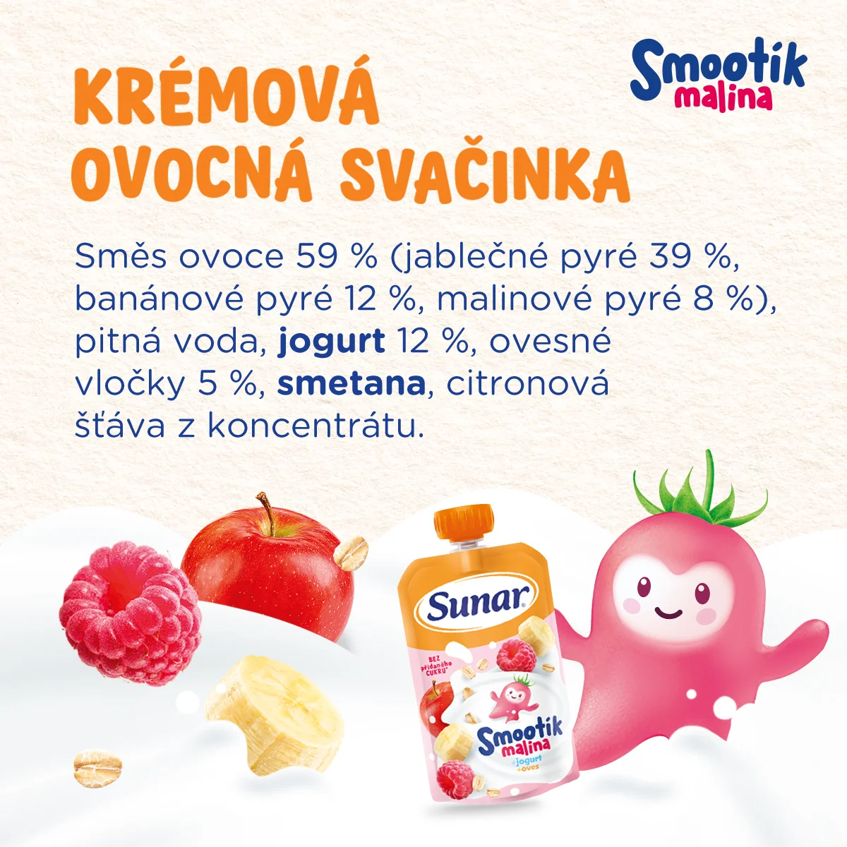 Sunar Smootík Malina, jogurt, ovesné vločky kapsička 120 g