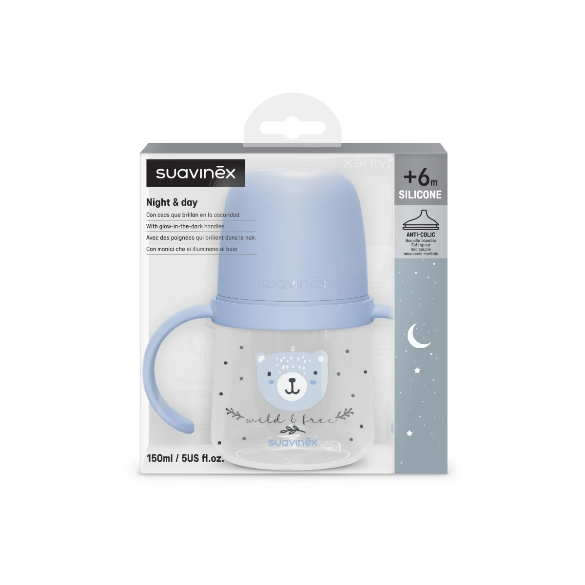 Suavinex První láhev s oušky WILD&FREE 150 ml 1 ks modrá