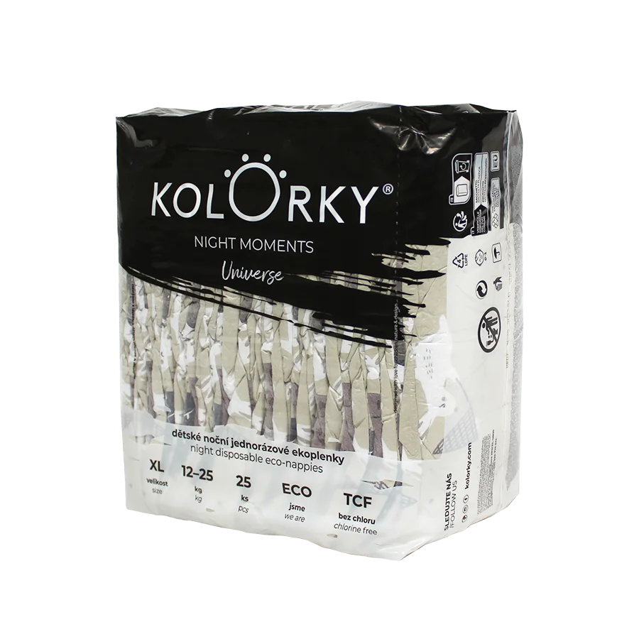 KOLORKY NIGHT MOMENTS Noční jednorázové eko plenky vel. XL 12-25 kg 25 ks vesmír