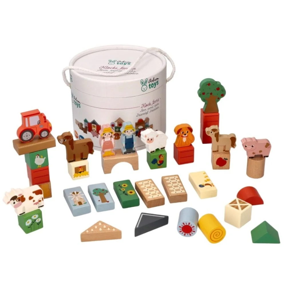 Adam Toys Dřevěné kostky v kbelíku, 36 ks, Dobrodružství na farmě