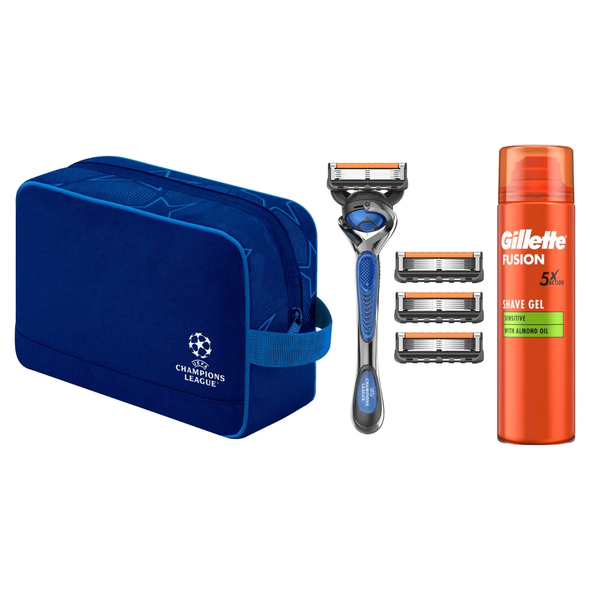 Gillette Xmass sada UEFA holicí strojek + 4 hlavice, taška a gel na holení 200 ml