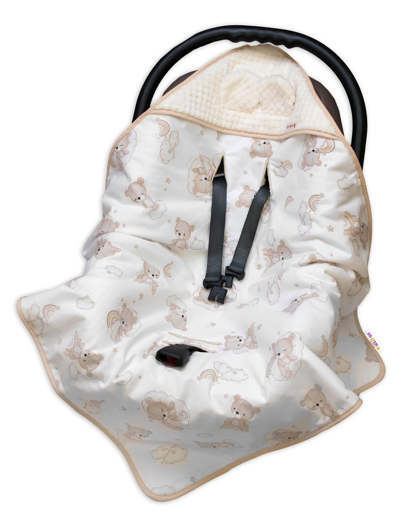 Baby Nellys Zavinovací deka s kapucí a oušky, Malý medvídek, bavlna/luna, smetanová