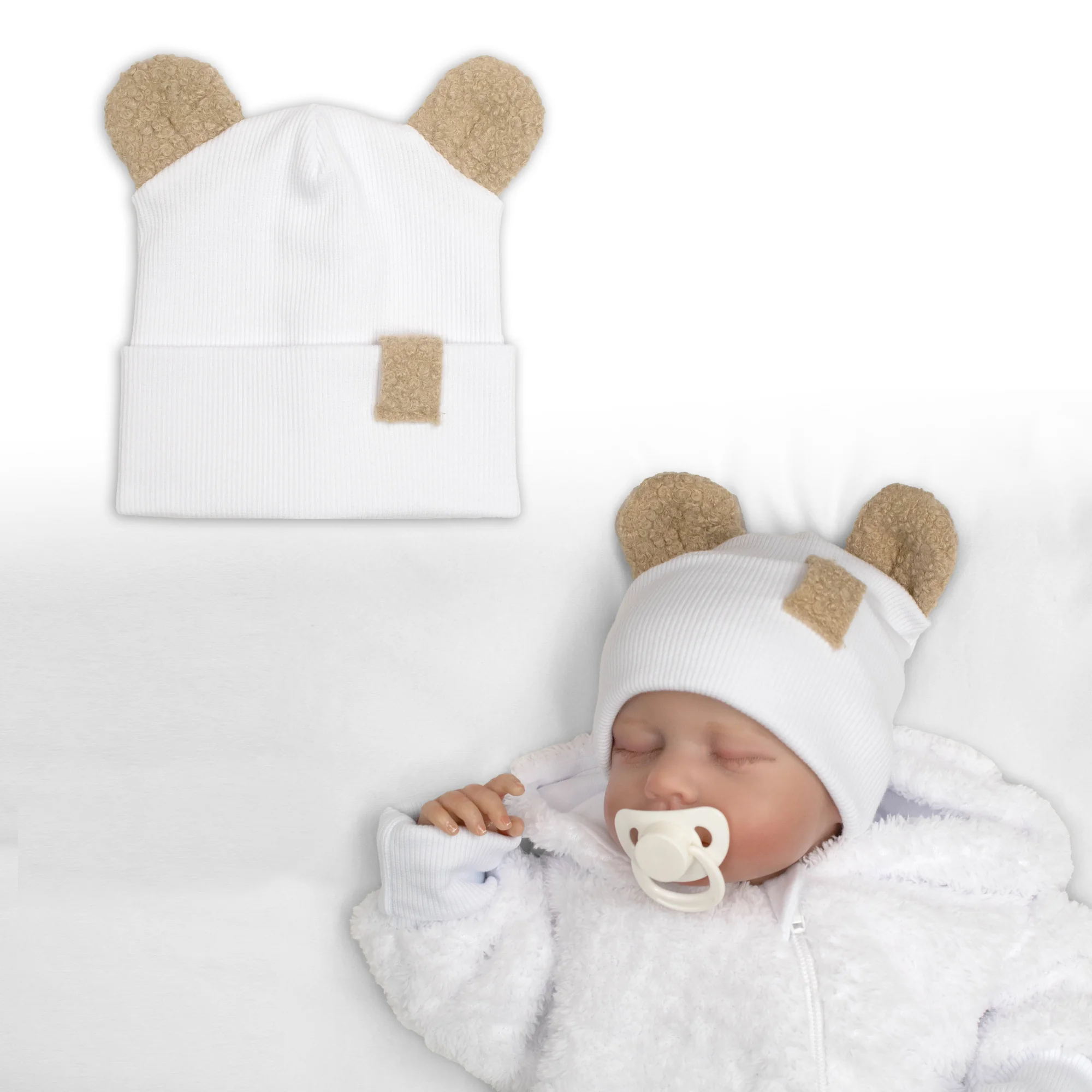 Baby Nellys Dvouvrstvá žebrovaná čepička s oušky boucle medvídek - bílá, 80/86
