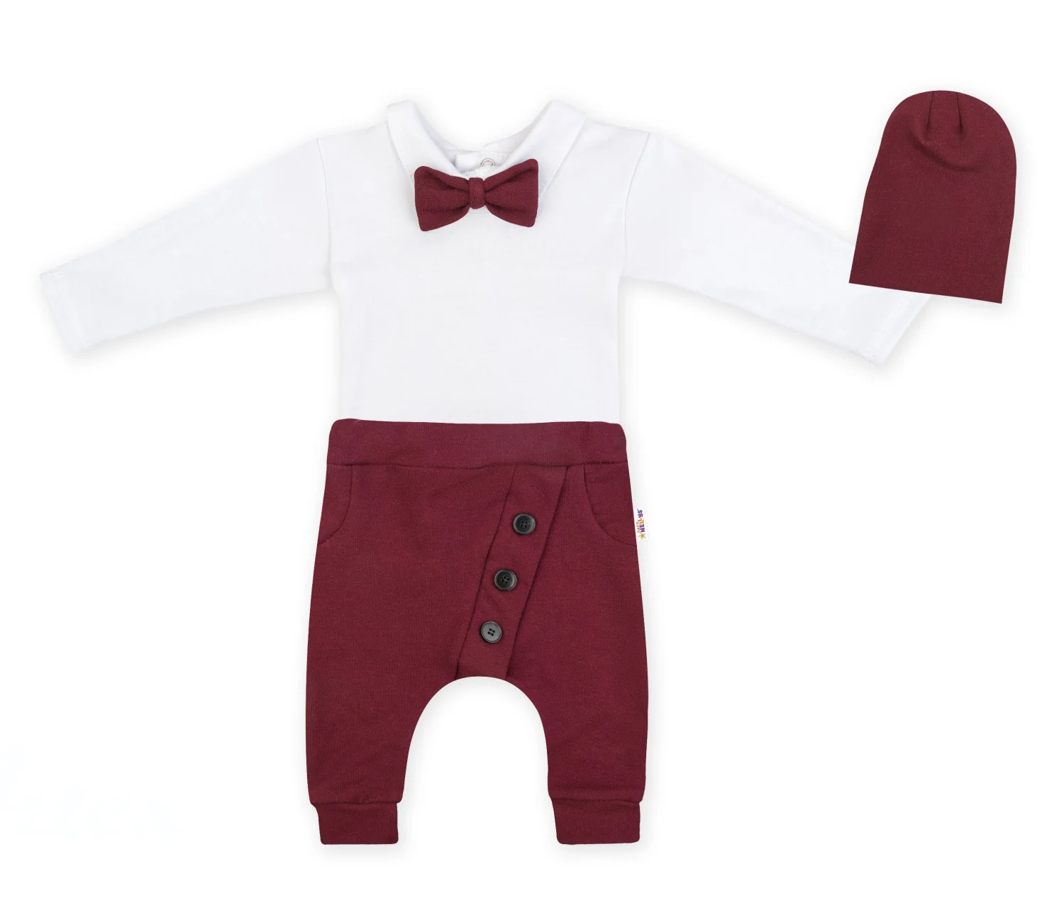 Baby Nellys 3-dílná sada Hubert, body s motýlkem, tepláčky a čepička - bordo, vel. 98 vel. 98
