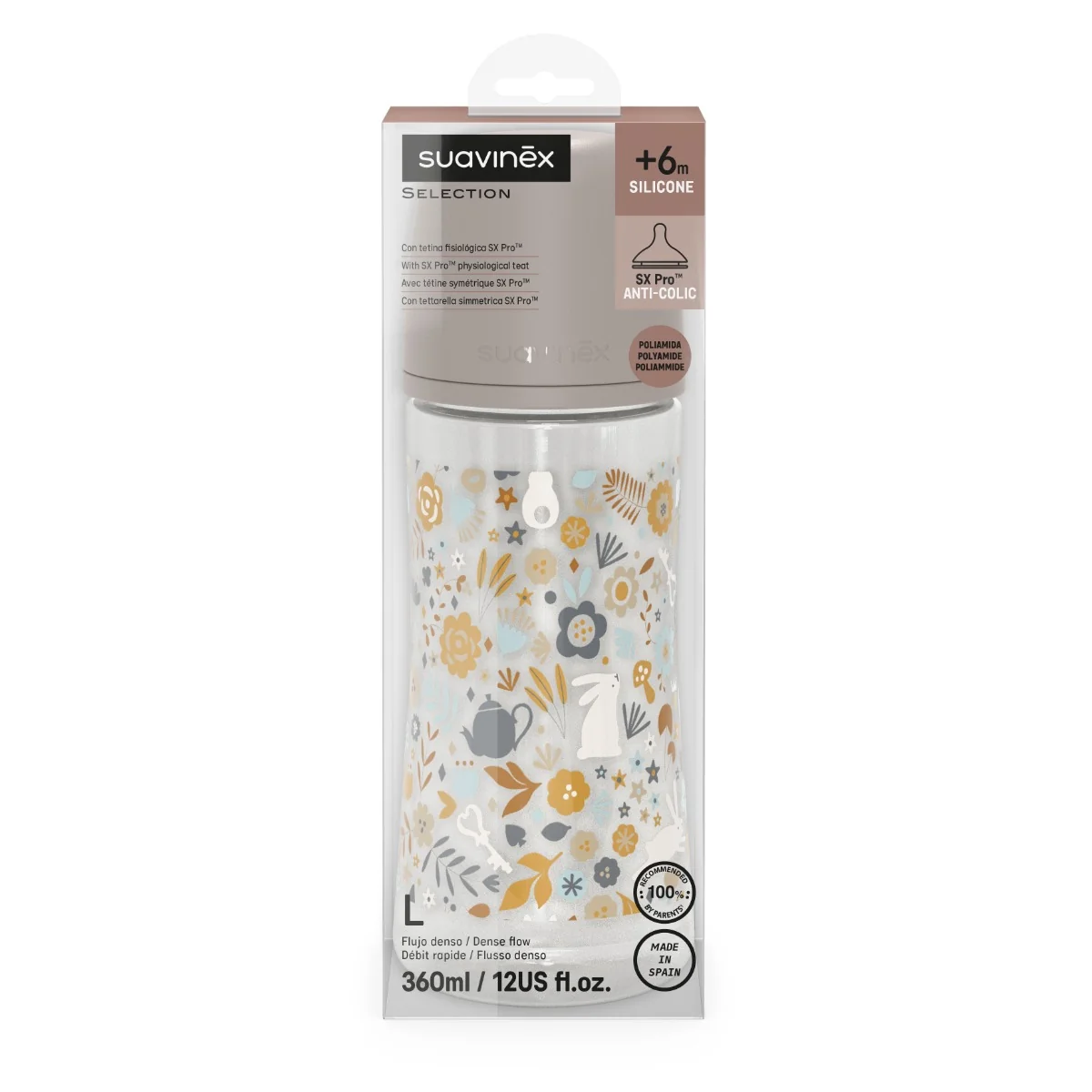 Suavinex Wonderland Kojenecká láhev průtok L 6m+ 360 ml 1 ks liberty krémová
