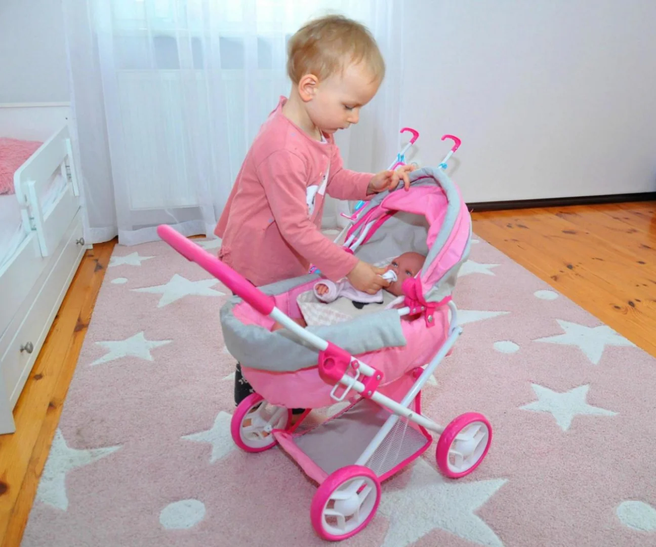 Milly Mally Kočárek pro panenky Alice – hluboký kočárek s gondolou pro panenku, růžový, šedý
