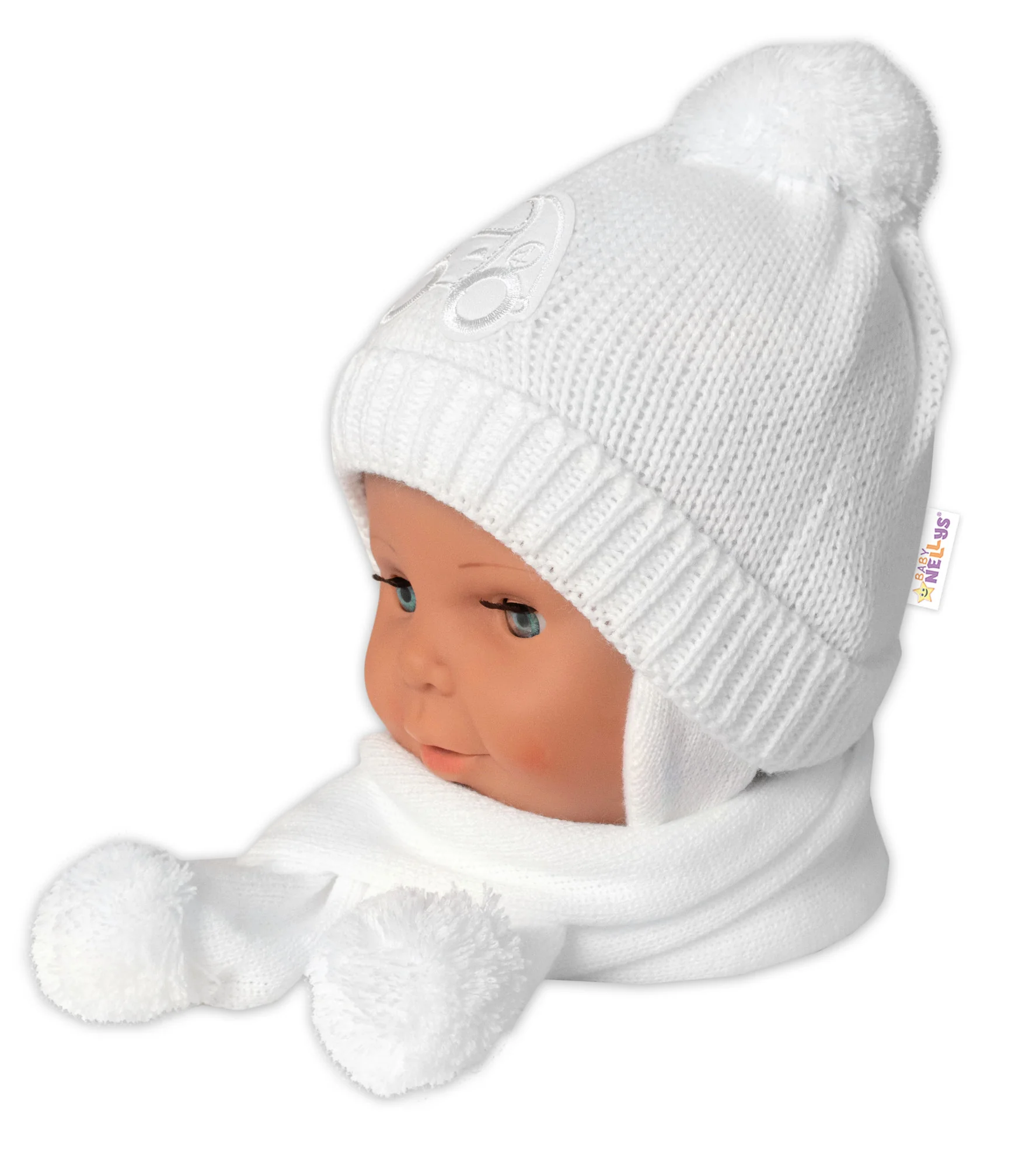 Baby Nellys Zimní čepička s šálou, 2D sada - Autíčko bílá, 0-6m