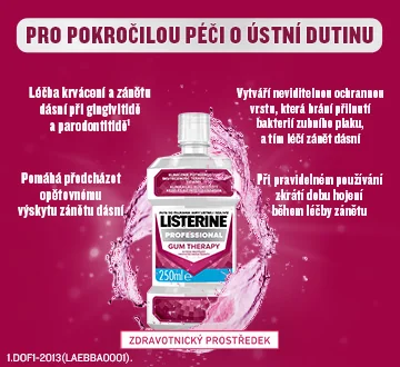 Ústní voda LISTERINE® PROFESSIONAL GUM THERAPY je zdravotnický prostředek pro léčbu krvácení a zánětu dásní