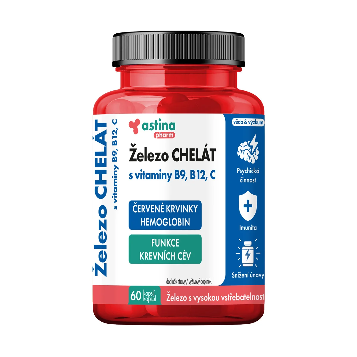 Astina Železo CHELÁT s vitaminy B9, B12, C 60 kapslí