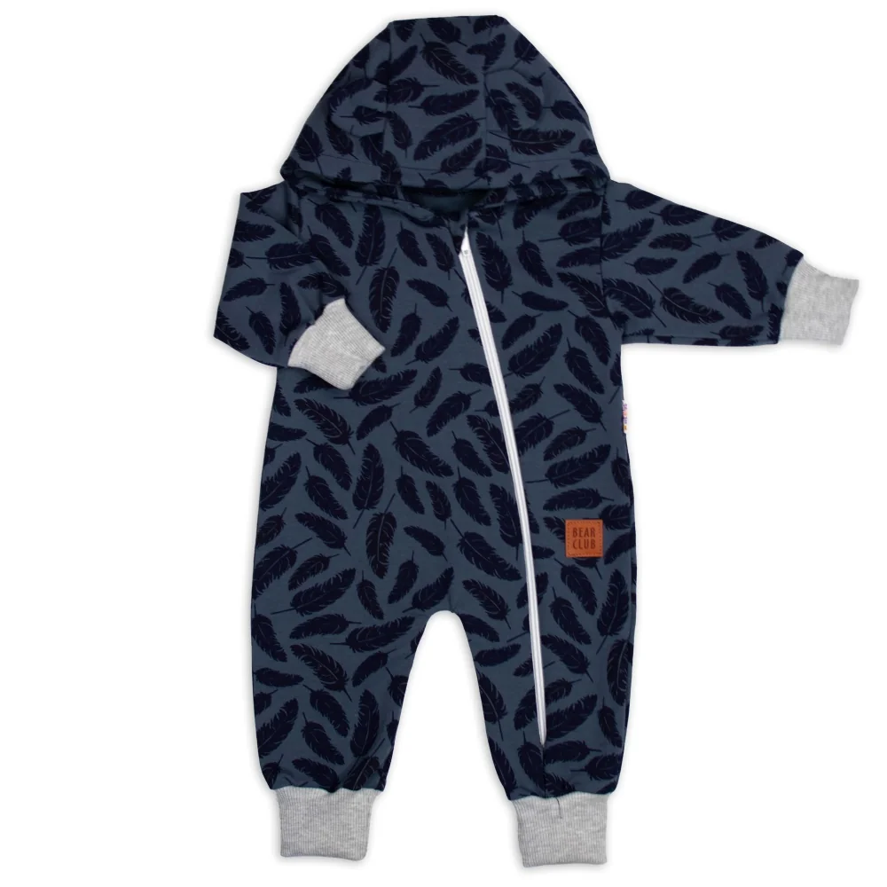 Baby Nellys Rostoucí teplákový overal, čepice, botky, 3D, Nature - jeans pírka, 80/86