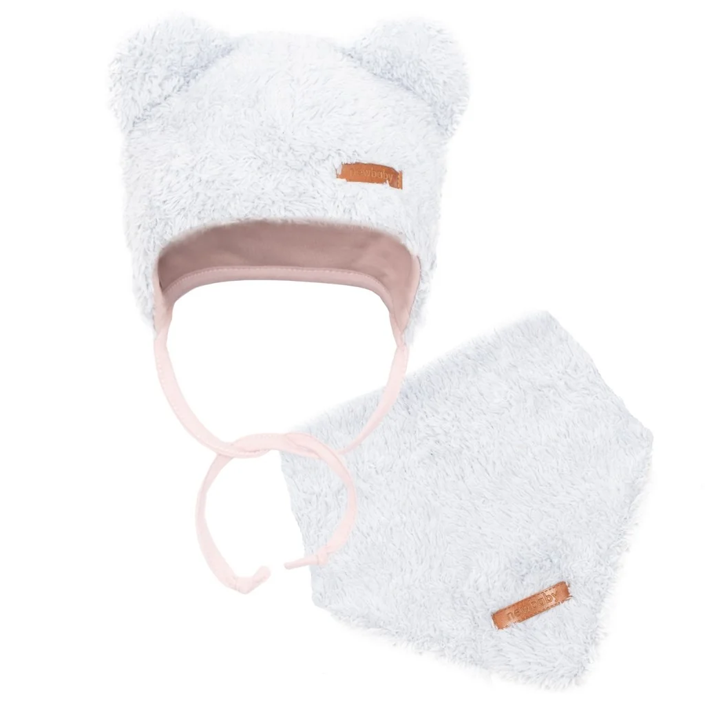 New Baby Zimní kojenecká čepička s šátkem na krk Teddy bear šedo růžová, vel. 74 (6-9m)