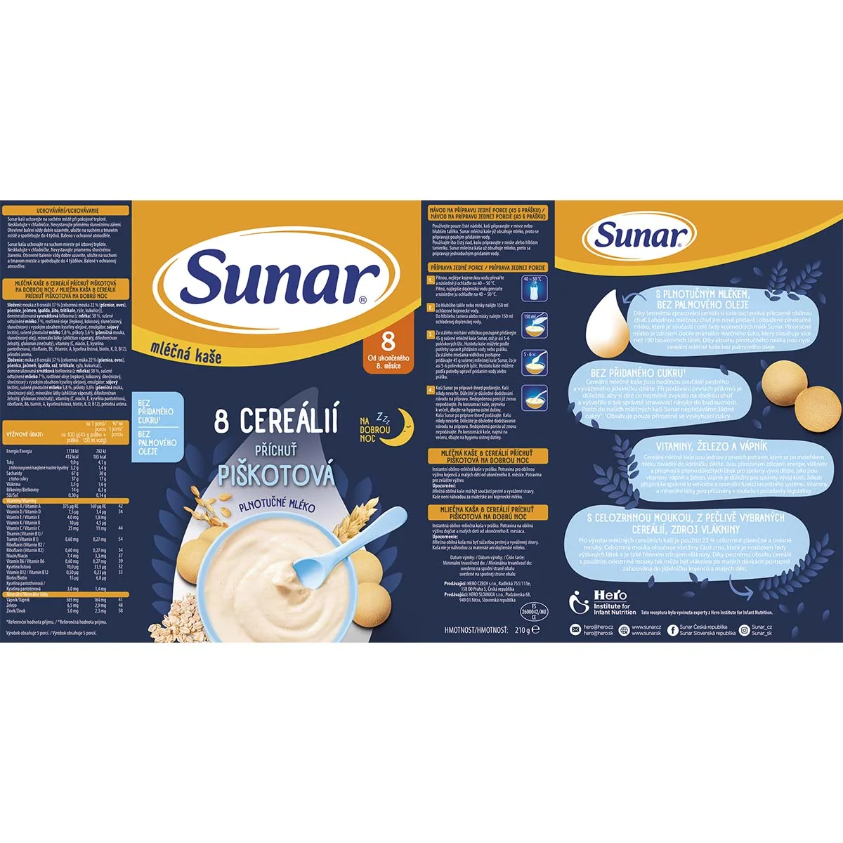 Sunar Mléčná kaše s 8 cereáliemi na dobrou noc piškotová 210 g