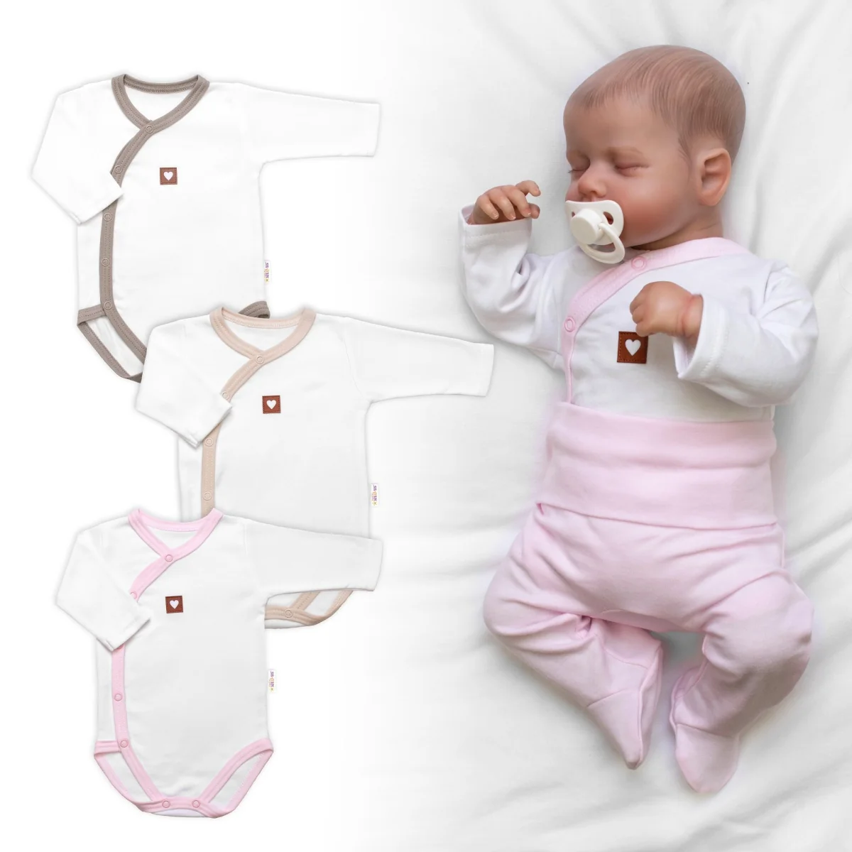 Baby Nellys Rostoucí výhodná sada, 3x Body Nature - růžová/béžová/taupe, vel. 56/62