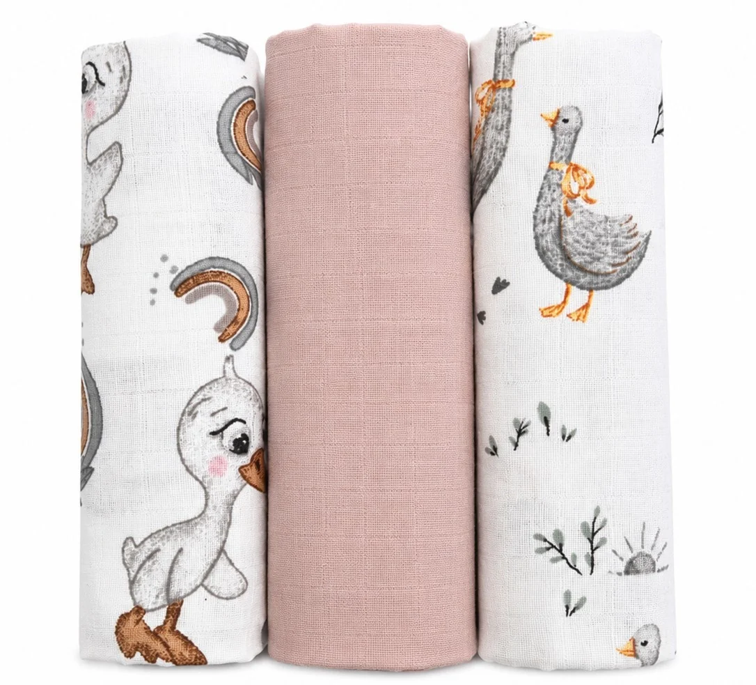 Baby Nellys Mušelínové pleny 3ks DELUX - Kačenka  60 x 80 cm, bílá, pudrově růžová