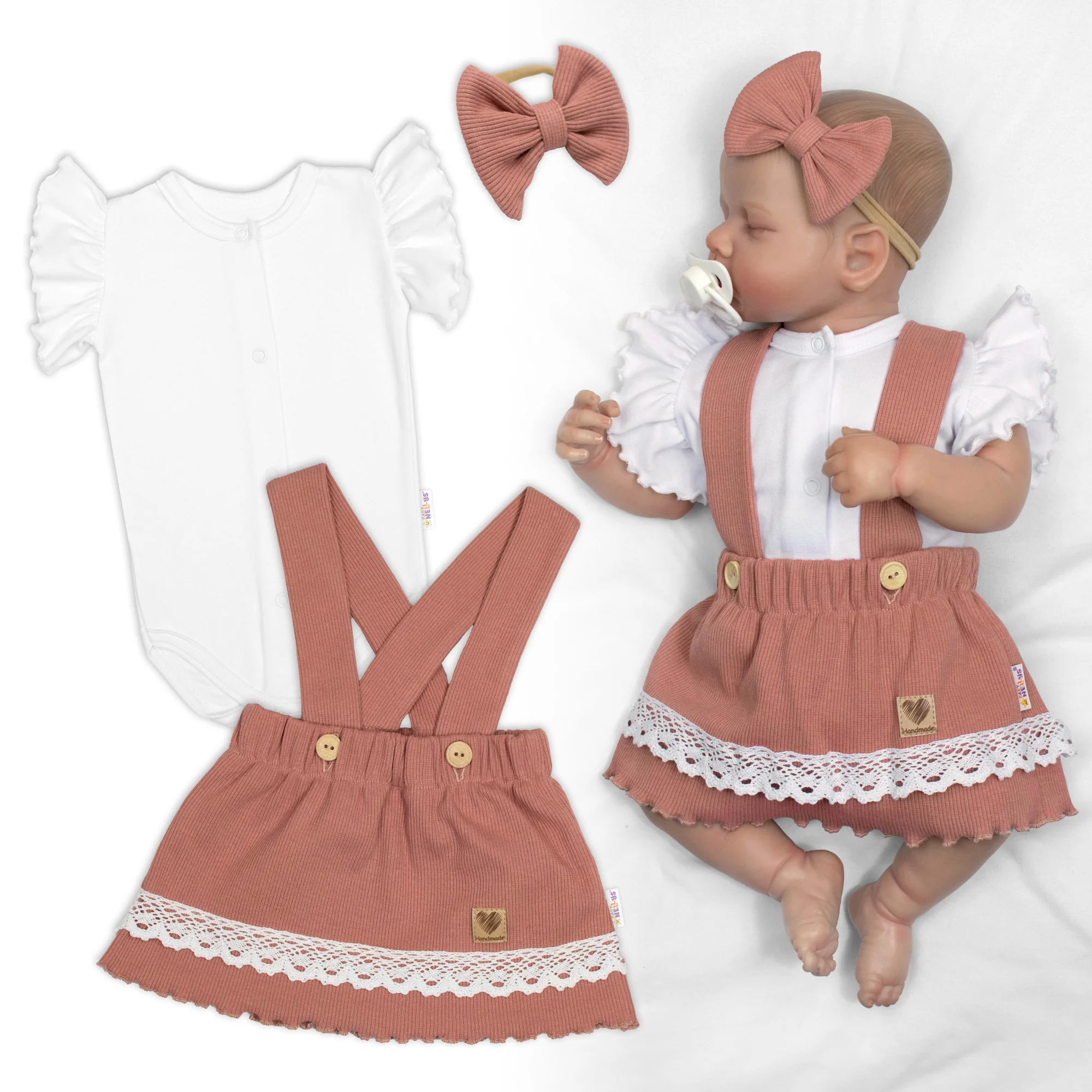 Baby Nellys 3D sada LADY, body kr. rukáv, suknička s láclem, čelenka, starorůžová/bílá, 68
