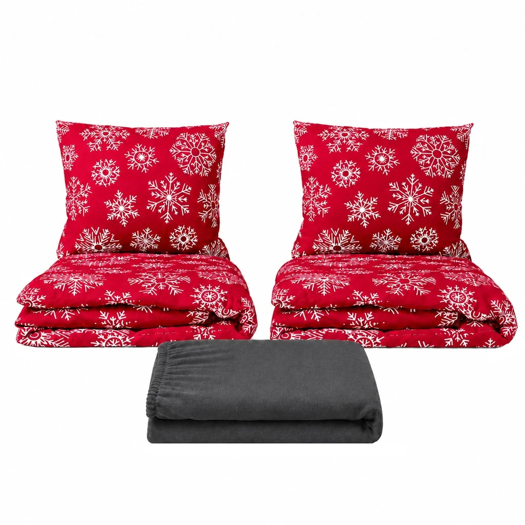 Povlečeme vše Set dvoulůžko Vločky červené -2x povlečení, prostěradlo 180x200cm (037A) tm.šedá
