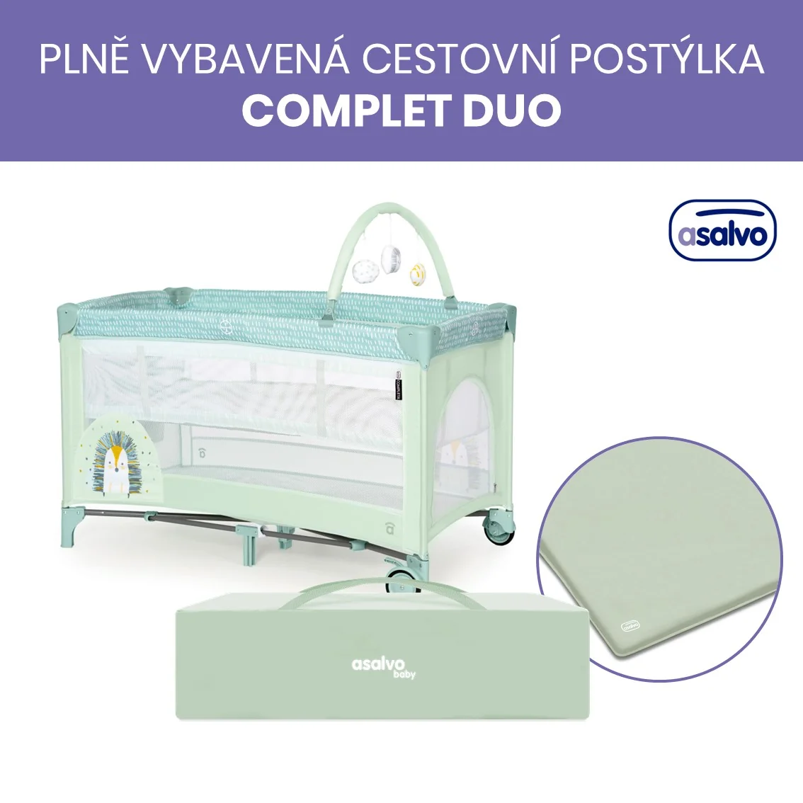 Asalvo COMPLET DUO cestovní postýlka s druhým dnem a hrazdičkou, hedgehog