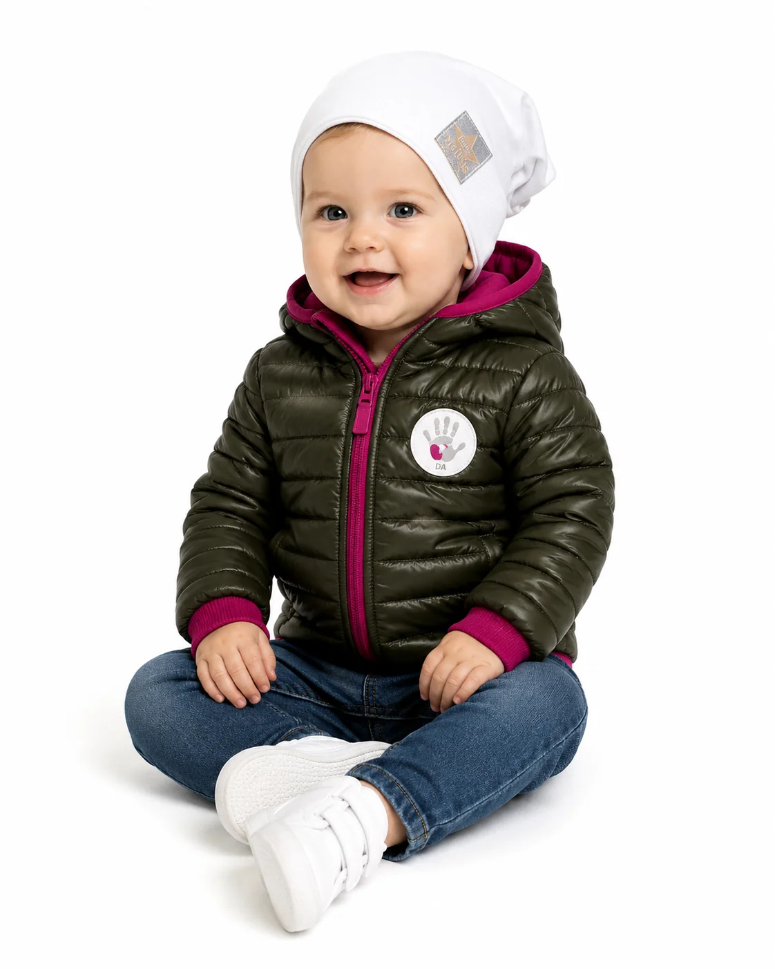 Baby Nellys Přechodová prošívaná bunda s kapucí  - olivová/růžová