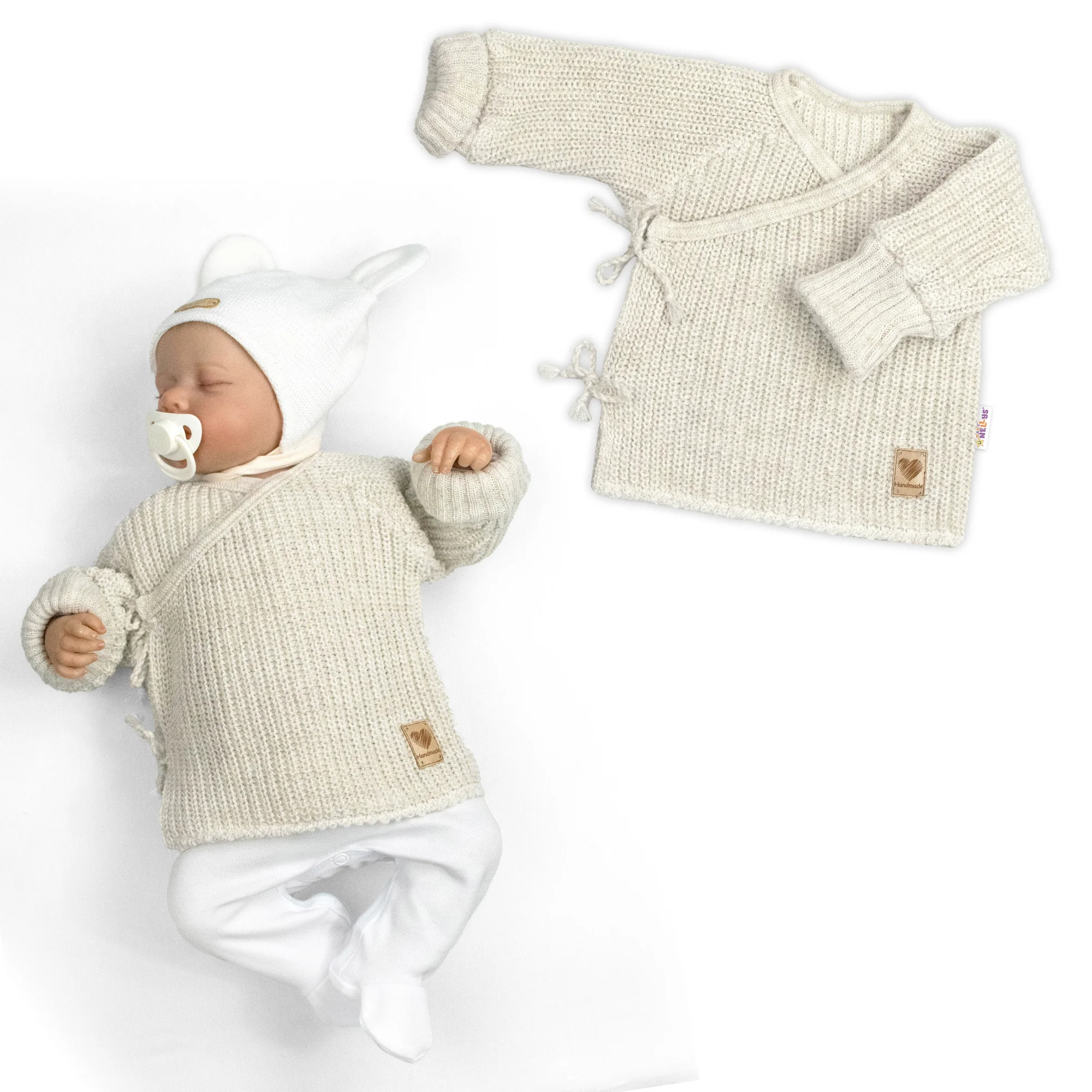 Baby Nellys Kojenecký svetřík, rostoucí, na zavazování na boku - sv. béžová, písková
