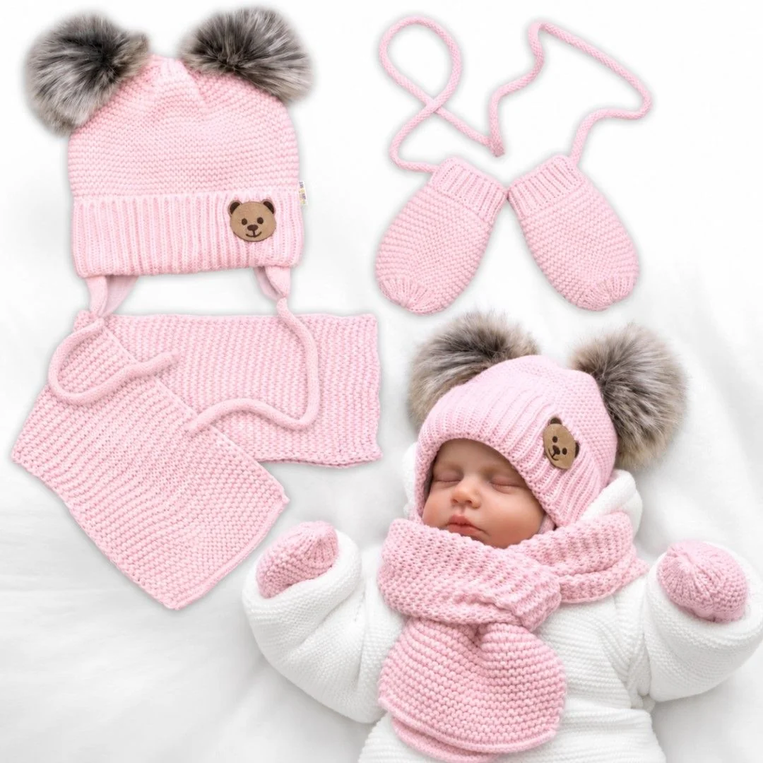 Baby Nellys Dětská sada, zimní čepice s šálou + rukavičky 3D, Teddy Bear - sv. růžová