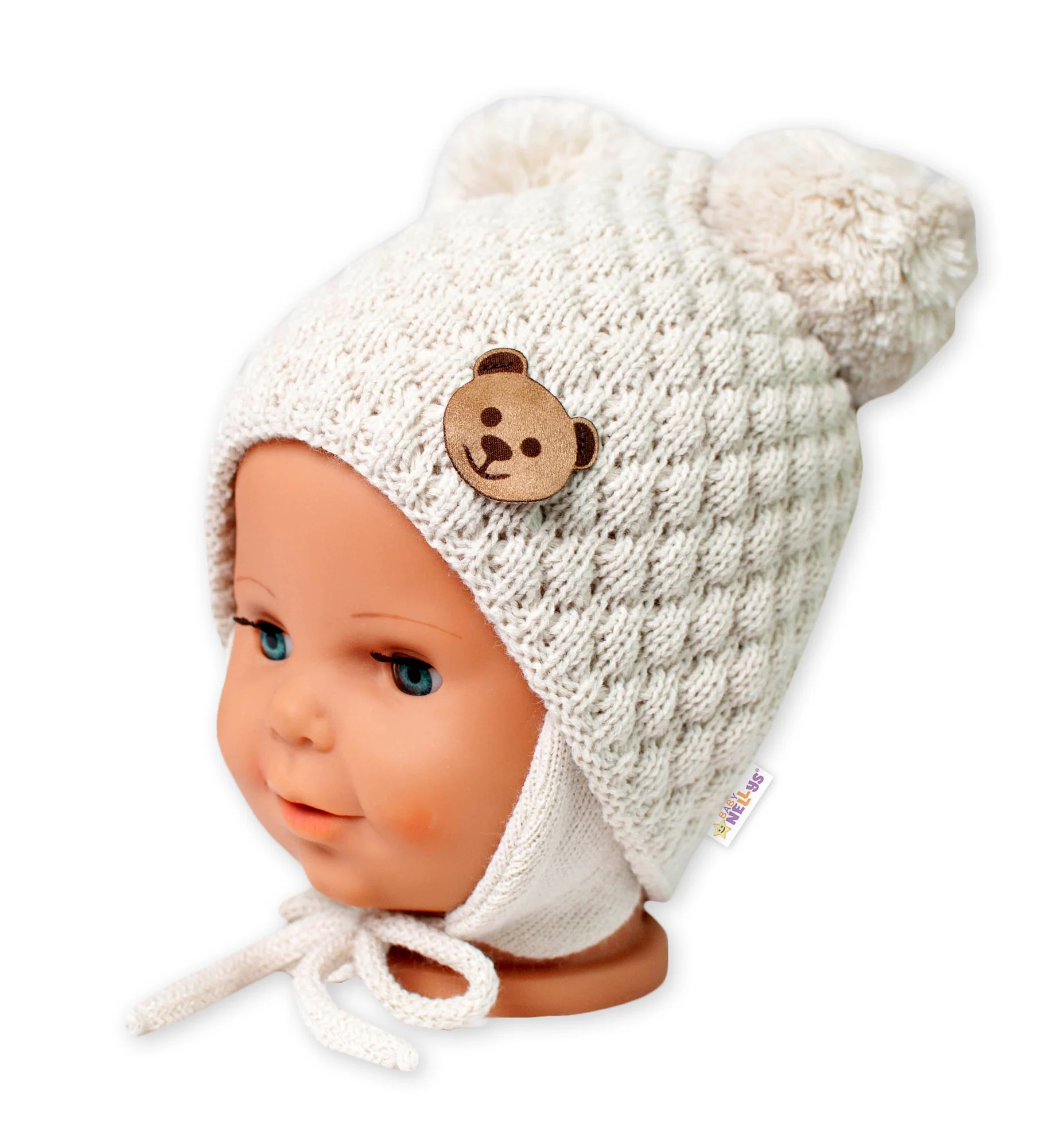 Baby Nellys Zimní pletená čepice Teddy Bear, ecru, 68/80 
