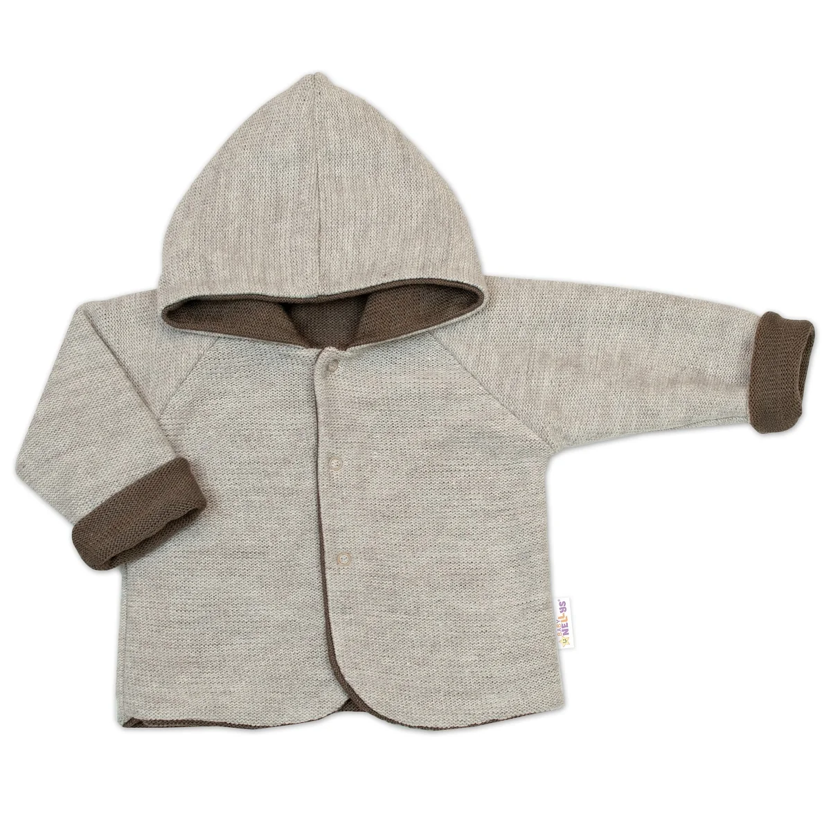 Baby Nellys Pletený  kabátek/bundička s kapucí Star, oboustranný - hnědý, béžový, vel. 62