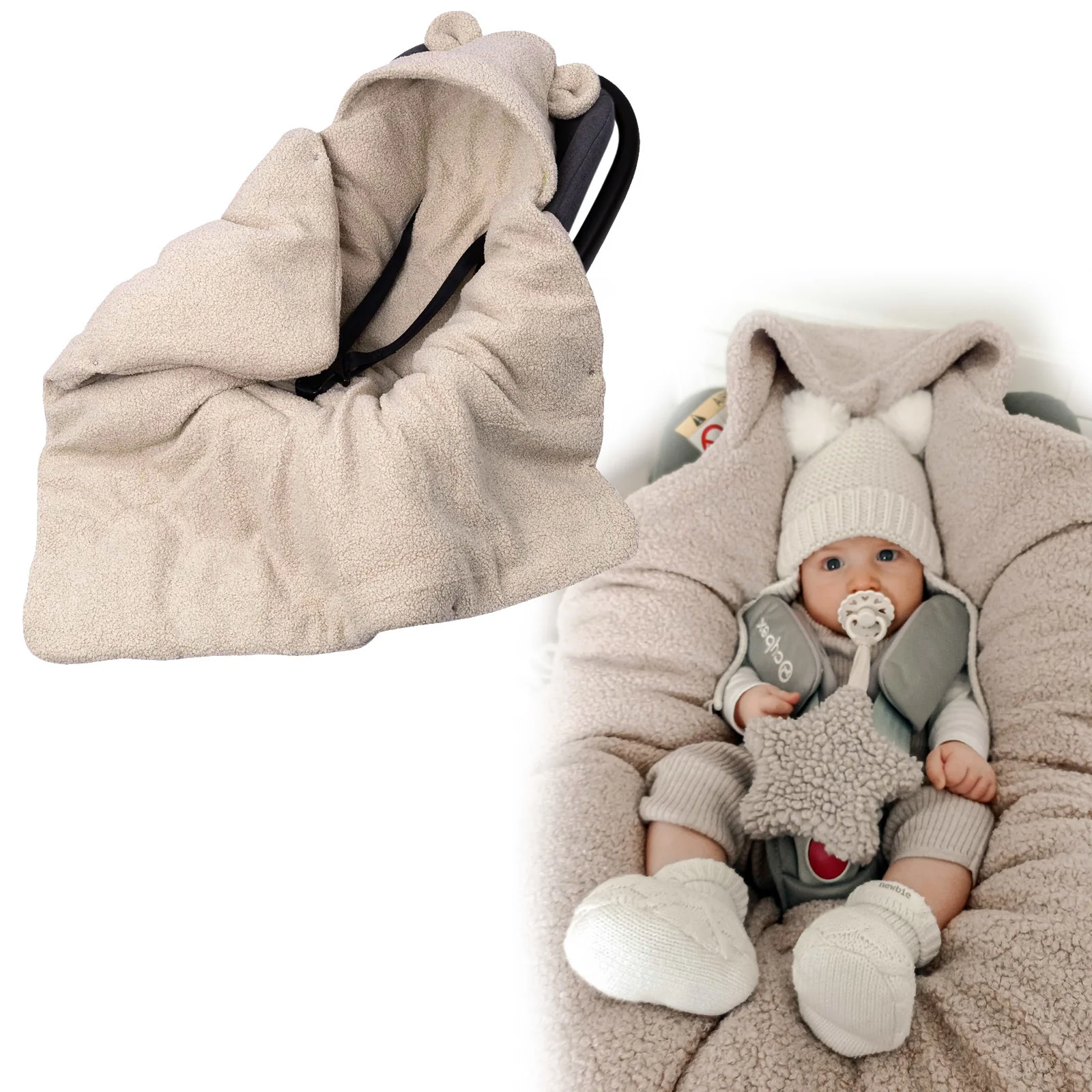 Baby Nellys Oteplený fusák, deka s kapucí do autosedačky Beránek - béžový