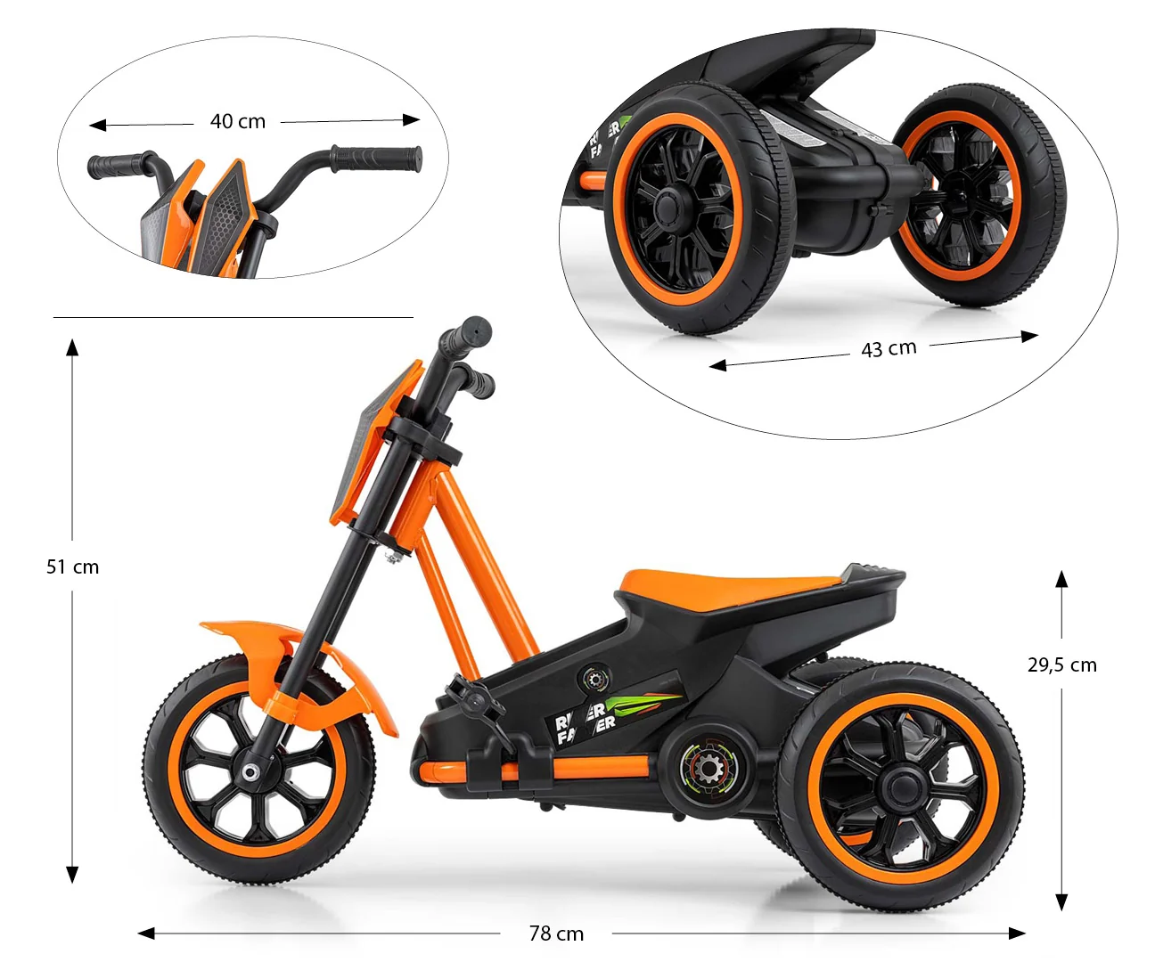 Milly Mally Dětská motokára RIDER – šlapací gokart, 3+, nosnost 30 kg - oranž