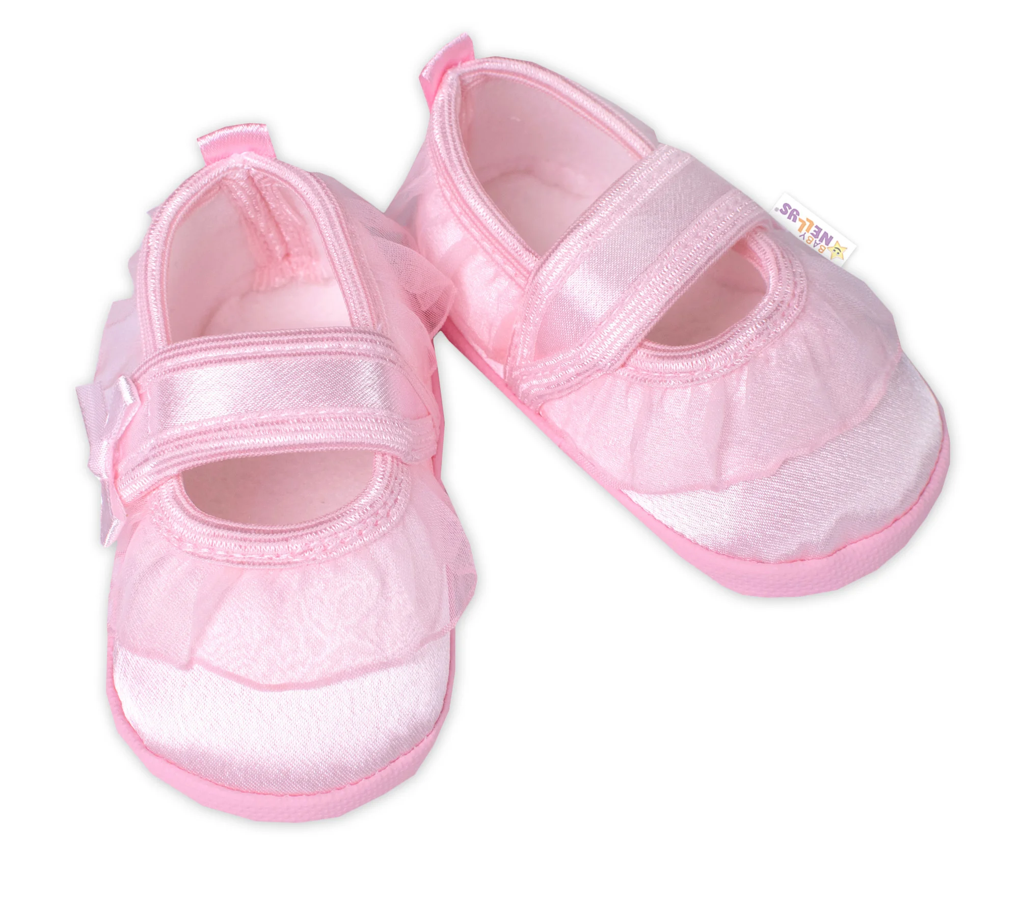 Baby Nellys Kojenecké capáčky/botičky saténové s volánkem, růžové vel. 62/68, 11,5 cm