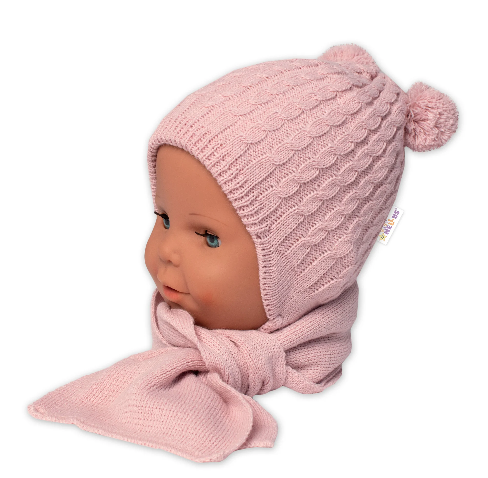 Baby Nellys Zimní čepice na zavazování s bambulky + šál, pudrově růžová vel. 74/80