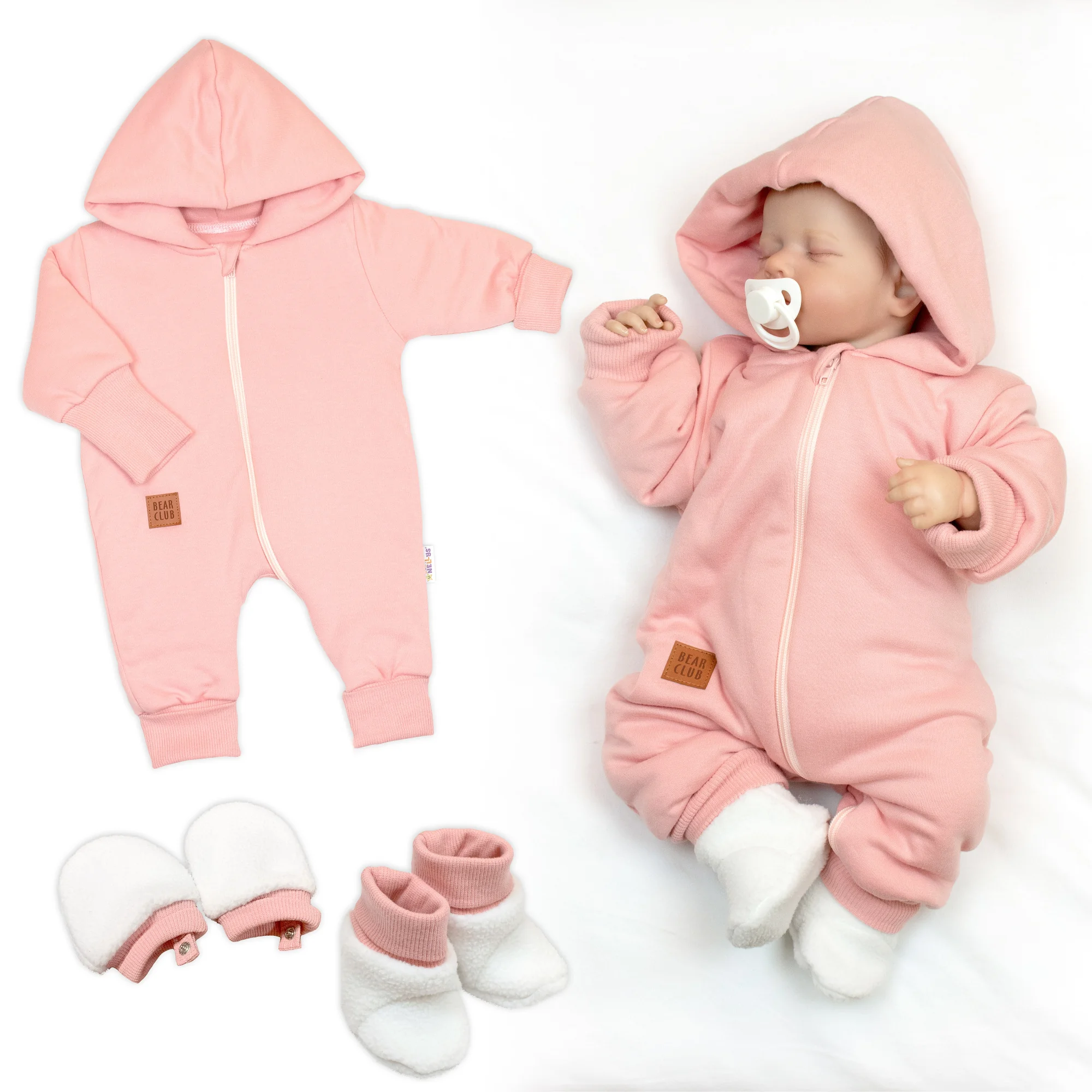 Baby Nellys 3D sada Nature, overal, botky, rukavičky - korálová, vel. 68