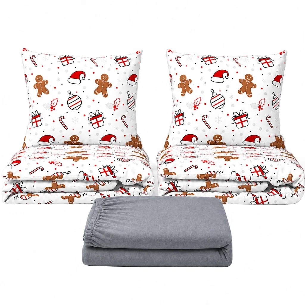 Povlečeme vše Set dvoulůžko Ozdoby červené - 2x povlečení, prostěradlo 180x200cm (027) sv.šedá