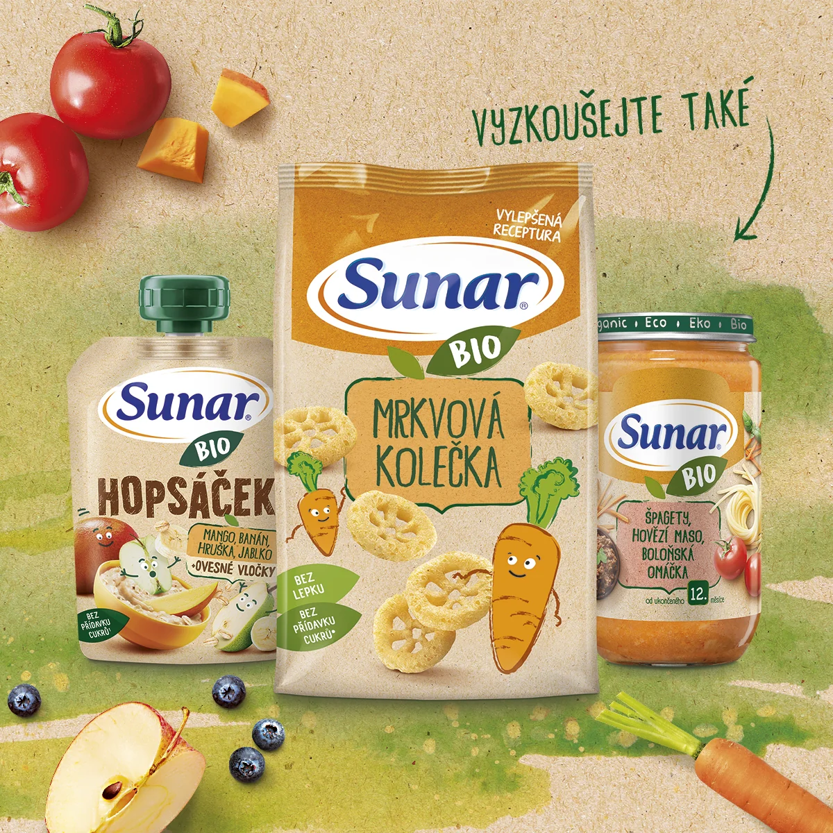 Sunar BIO Hopsáček Jahoda, banán, borůvka, oves kapsička 100 g
