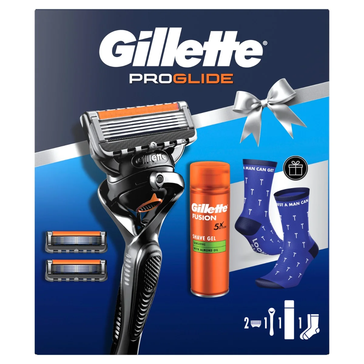 Gillette Xmass sada holicí strojek + 2 hlavice, ponožky a gel na holení 200 ml