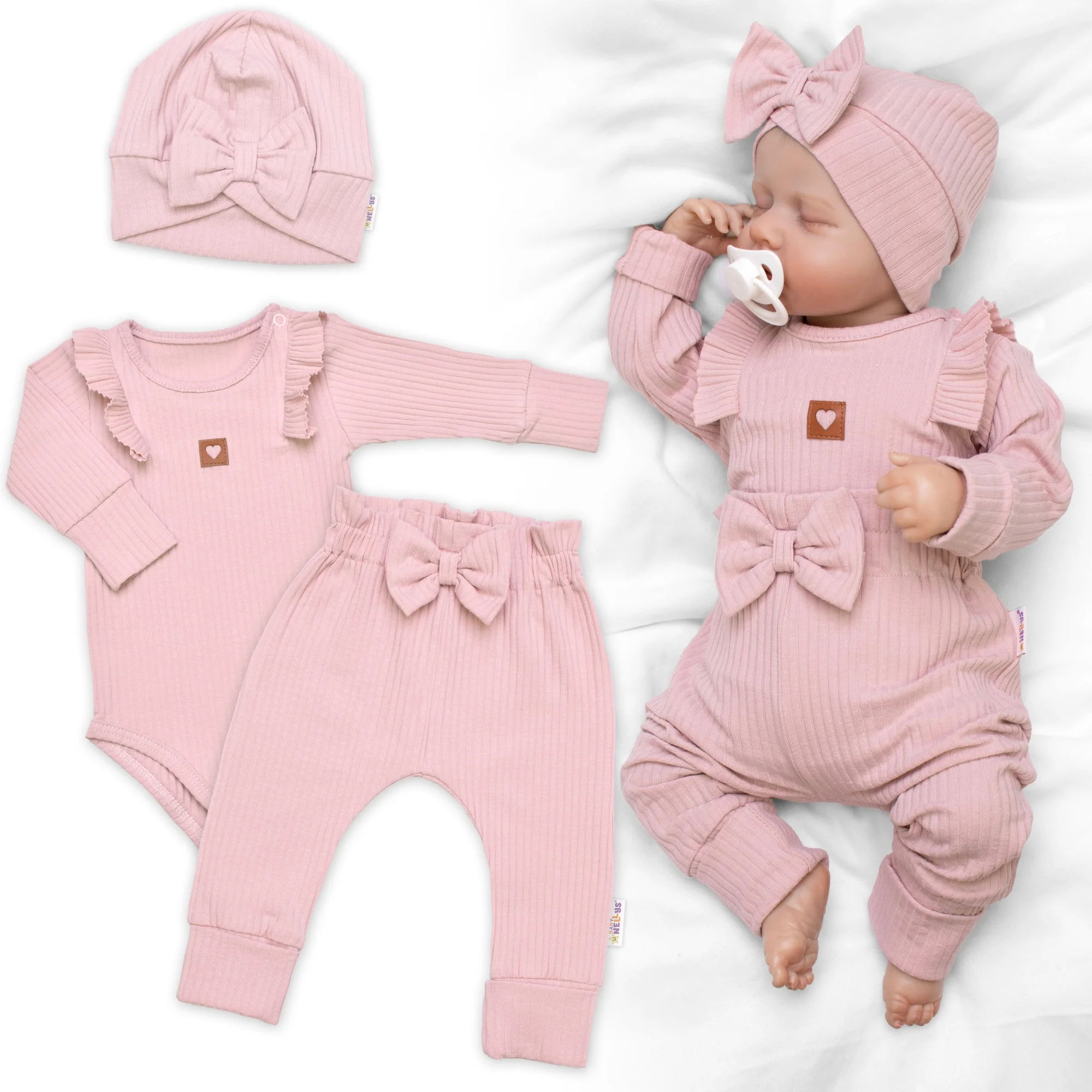 Baby Nellys Žebrovaná rostoucí souprava 3D, Baby Girl - pudrově růžová