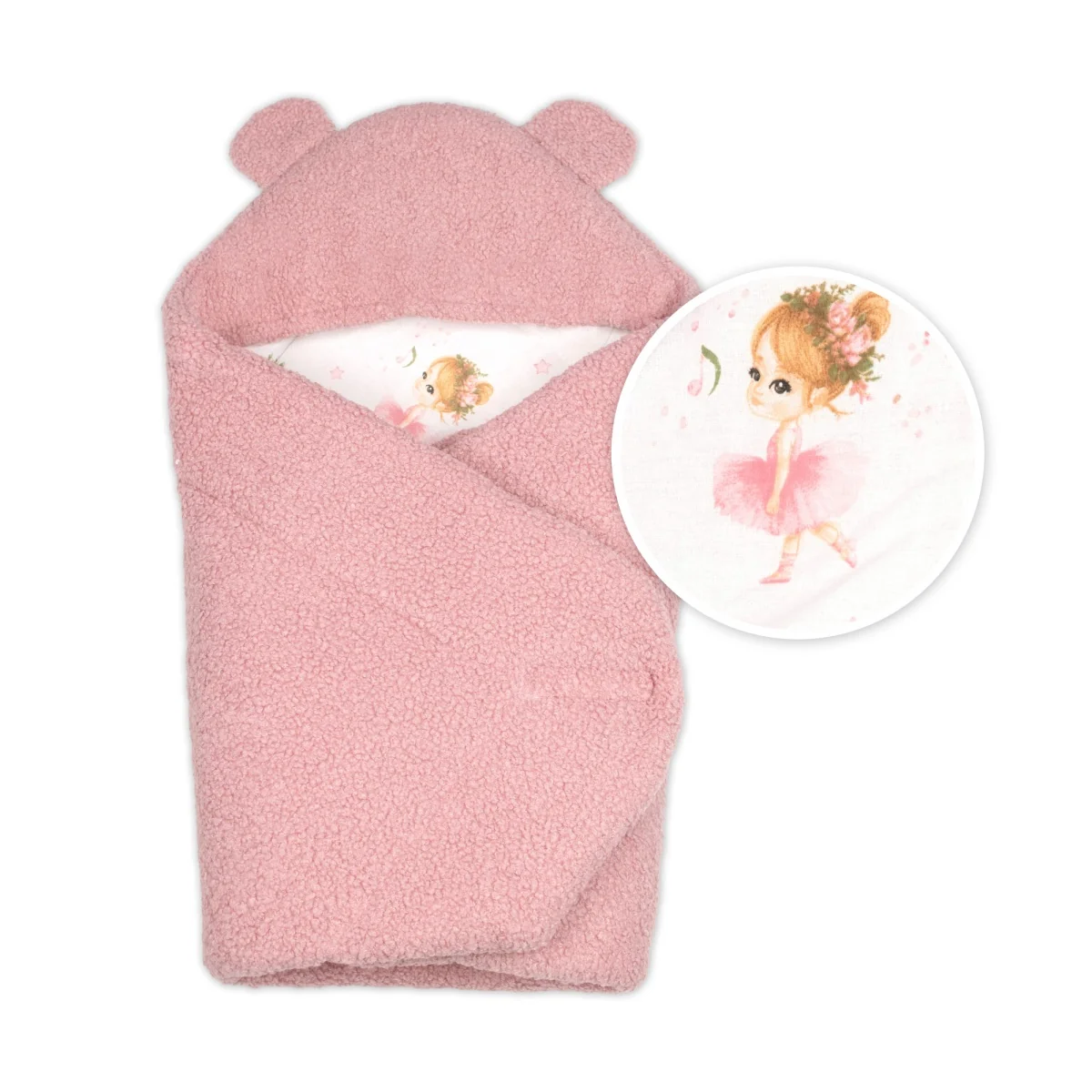 Baby Nellys Beránková zavinovačka s kapucí bavlna/beránek, Teddy - Baletka, pudrově růžová