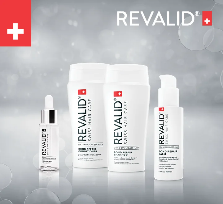 REVALID® BOND REPAIR. Suché a oslabené vlasy? Až o 96 % méně lámavosti vlasů.* REVALID® BOND REPAIR. Suché a oslabené vlasy? Až o 96 % méně lámavosti vlasů.*
