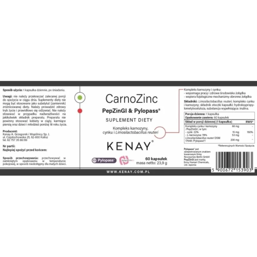 Kenay CarnoZinc PepZinGI Pylopass zinek karnosin Lactobacillus 60 kapslí